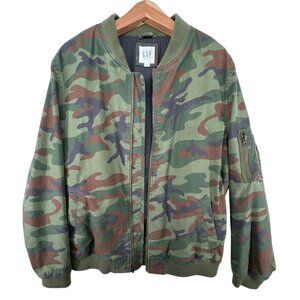 Gap Mens Jacket Sz L Camo Bomber Army Green Pockets 100% Cotton Full Zip Casual
